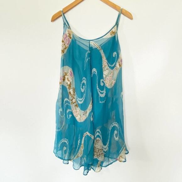 Tracy Reese Blue Beaded Embellished Peacock Silk Camisole Tunic Blouse Top - Picture 2 of 16